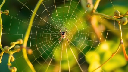 Fototapeta premium Spider in Dew-Kissed Web Amidst Golden Vines