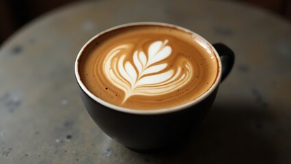 Latte art coffee in dark cup on table