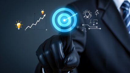 A businessman wearing a black glove interacts with a digital target representing business growth, innovation, and strategic planning, showcasing technological advancement in modern business.