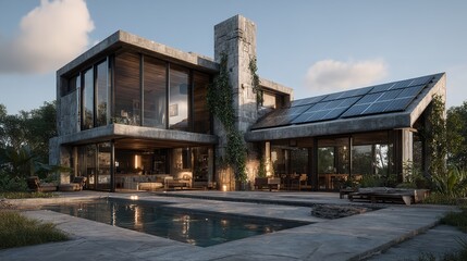 Obraz premium Beautiful Modern House with Solar Panels – Clear Sky and Eco-Friendly Design