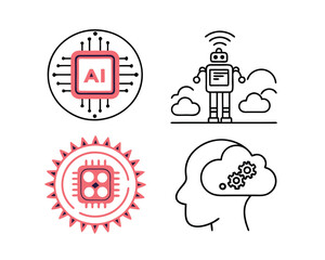Artificial Intelligence Icons Set AI Chip, Robot, Cloud Computing, and Human Brain
