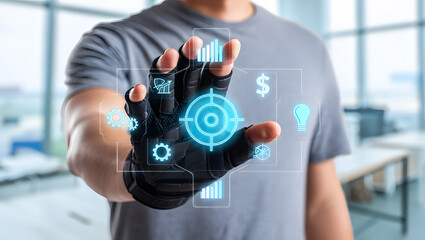 Businessman's hand presses a digital button on a touch screen interface, symbolizing global communication and network connection