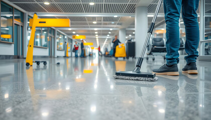 Detailed close-up shot of professional janitorial supplies and advanced floor cleaning tools used in airport maintenance.. isolated with white highlights