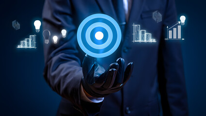 A businessman's hand cradles a glowing target symbol amidst innovative ideas and growth charts symbolizing strategic planning success achievement business goals and future prospects.