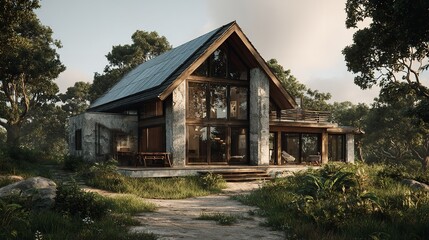 Beautiful Modern House with Solar Panels &ndash; Clear Sky and Eco-Friendly Design

