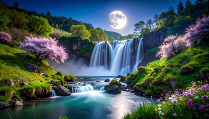 Moonlit Waterfall with Spring Blossoms.