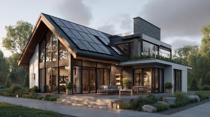 Fototapeta premium Beautiful Modern House with Solar Panels – Clear Sky and Eco-Friendly Design