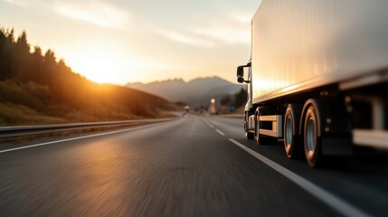 This cinematic shot of a truck cruising down an open road at sunset captures the essence of freedom and adventure, highlighting the beauty of journeying toward new horizons.