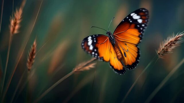 Plain tiger butterfly gently flapping wings in tall grass