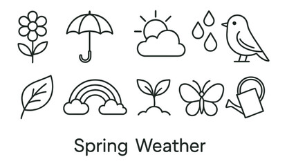Spring weather icon set: seasonal nature, flat illustration collection