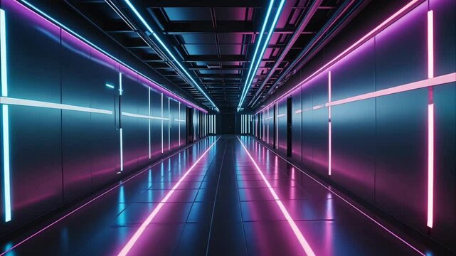 Futuristic corridor design with parallel neon light strips in pink and blue colors illuminating symmetrical metallic hallway. Technology concept