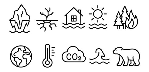 Climate change linear icon set. environment, conservation, global warming icons collection
