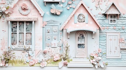 Detailed pastel-colored dollhouse scene with intricate details.