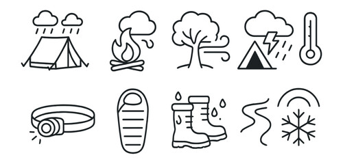 Fototapeta premium Camping and outdoor line icon set. adventure, nature, hiking in linear style