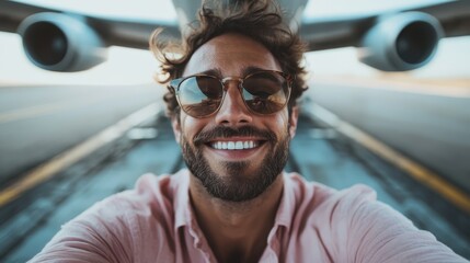 A cheerful traveler takes a selfie in front of an airplane, capturing the thrill of adventure and the excitement of air travel against a clear blue sky.