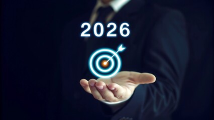 Businessman holding goal icon from success year 2026..Development to business success and achievement in 2026 year. New year
