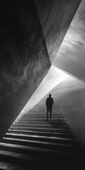 Abstract grayscale image of a person ascending steps in a modern, angular space