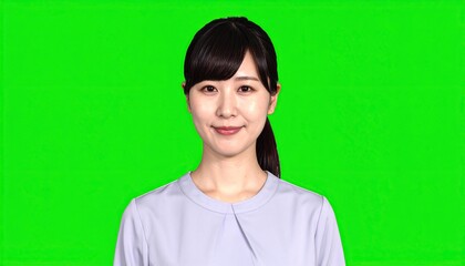 Smiling Asian Woman with Green Screen, and Portrait.