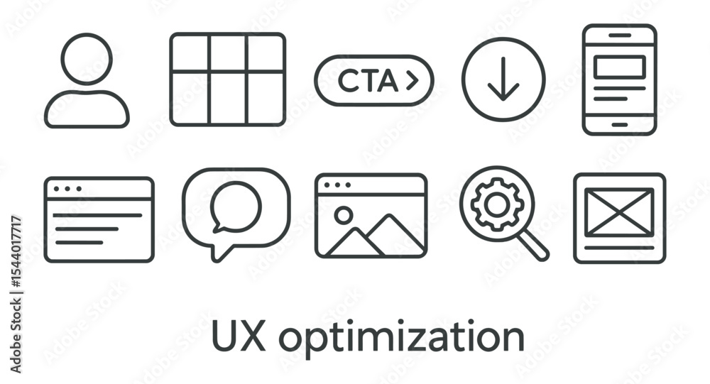 Wall mural ux optimization outline icon set. user interface, design, wireframe icons collection