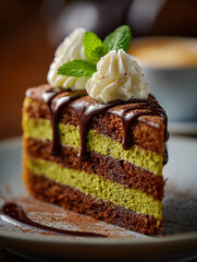 Green matcha cake pistachio, Dubai chocolate style. AI Generative