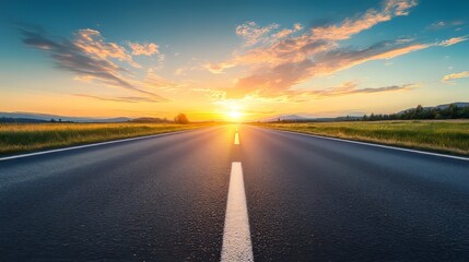 Empty countryside road under vibrant sunset sky with scenic horizon, symbolizing travel and freedom