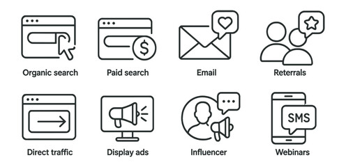 Obraz na płótnie Canvas Digital marketing outline icon set. seo, social media, email communication icons