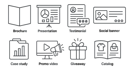 Fototapeta na wymiar Marketing, promotion outline icon set. brochure, presentation, testimonial icons