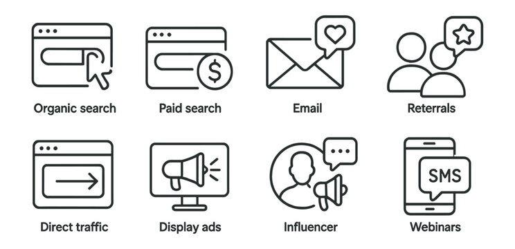 Digital marketing outline icon set. seo, social media, email communication icons