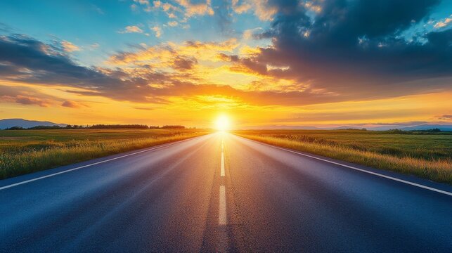Empty mountain highway at sunset with motion blur and golden summer light, ideal for travel or freedom concept