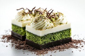 Dubai Chocolate Crumbled Pastry Revealing Pistachio Filling and Sponge Cake Layers. AI Generative
