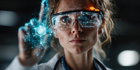 Female scientist using augmented reality glasses and digital holographic interface in futuristic lab