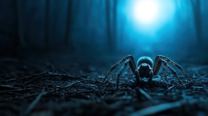 A close-up view of a spider in a dark and eerie forest, illuminated by a faint light source that creates a suspenseful atmosphere filled with intrigue and nature's wonders.