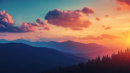 Obraz premium Vibrant mountain sunset with colorful sky and scattered clouds over a scenic landscape