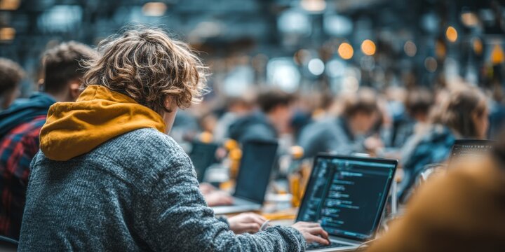 Young person coding on laptop in crowded tech event or hackathon with focused atmosphere
