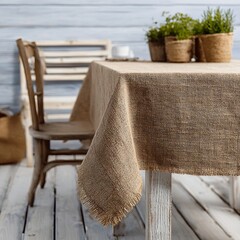 An inviting scene featuring a table draped with a rustic linen tablecloth, set with a wooden chair and potted plants. It evokes a sense of cozy charm and natural beauty