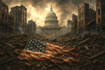 A devastated cityscape with the U.S. Capitol and a tattered flag amidst the rubble.