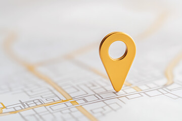 Fototapeta premium Golden location pointer on street map. Navigation and tracking concept. GPS pin. Showing directions or where to go. Destination point on a map.