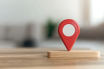 Location marker. A bright red locator pin rests on a small wooden stand, symbolizing navigation and destination. Indoor setting, blurred background.