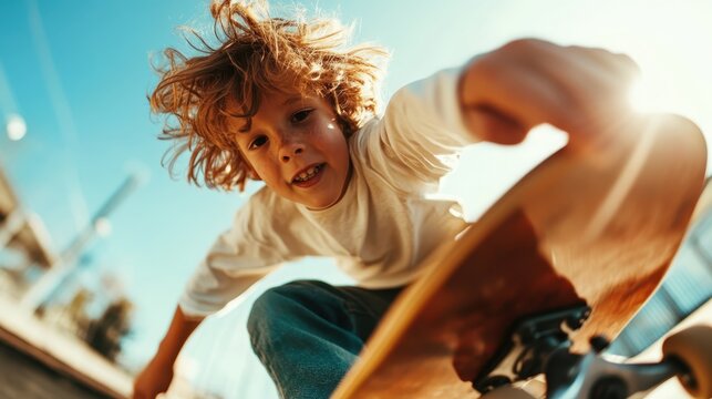 A dynamic image of a young boy skateboarding with a joyful expression, showcasing his skills against a clear blue sky, capturing the essence of youth and adventure. - Powered by Adobe