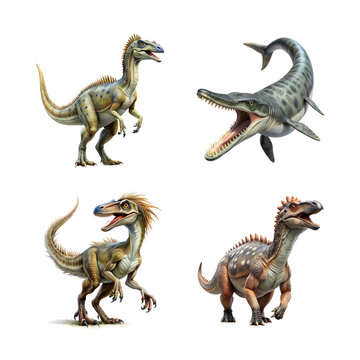 Four tylosaurus proriger and utahraptor species dinosaur figures with long necks and tails, showcasing various poses and details in their skin texture. clean on transparent background
