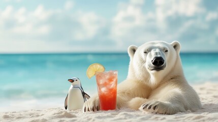 A delightful scene of a polar bear and a penguin relaxing on the beach with a colorful drink, merging the unexpected with a playful summer vacation vibe.