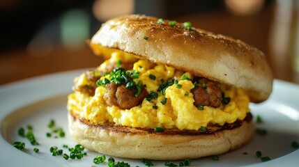 Delicious Scrambled Egg and Sausage Sandwich on a Toasted Bagel