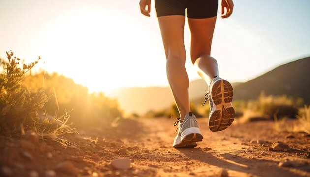 Woman jogging sunset trail. - Powered by Adobe