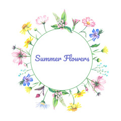 Round frame of watercolor wildflowers