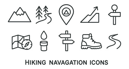 Hiking and navigation line icon set. trek, trail, map, compass, boot icons collection