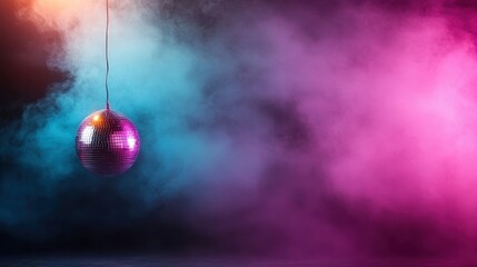 An artistic representation of a sparkling disco ball suspended in an atmosphere of colorful smoke and lights, creating a lively and vibrant party ambiance.