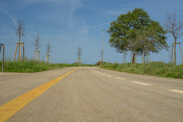 A paved road with a yellow and white line winding through a grassy landscape with trees under a...
