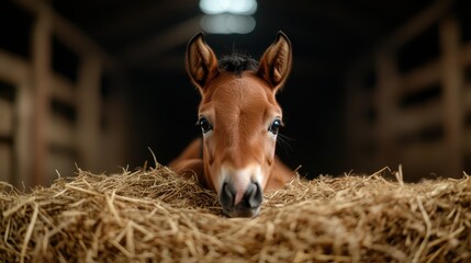 This delightful image captures a young foal resting its head on a bed of golden hay in a tranquil barn setting, showcasing the beauty of farm life and gentle moments.