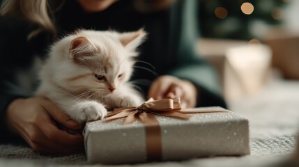 A playful cat curiously examining a beautifully wrapped gift, capturing the joy of pets and the warmth of holiday seasons, evoking feelings of surprise and happiness.