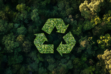Aerial view Closeup headshot outdoor portrait Green recycle symbol icon sign with professional environment background to represent recycling or sorting of waste at office and for working people 